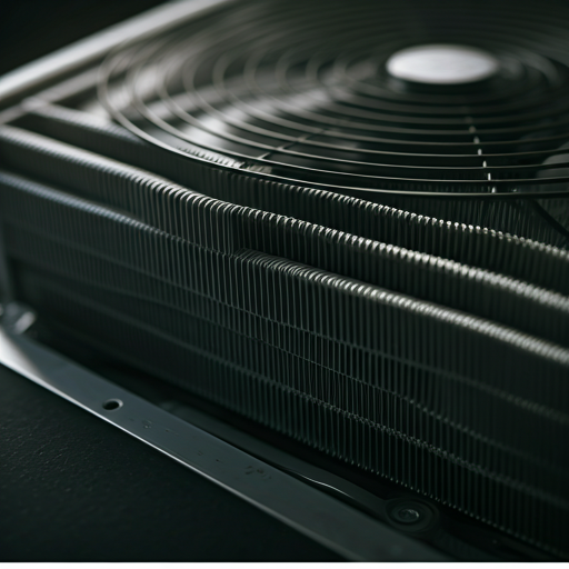A close-up, high-quality macro shot of modern air conditioning condenser coils and fan blades. The metallic fins are clean and precise. The lighting is cool and technical, emphasizing the industrial engineering and efficiency of the cooling system. The aesthetic aligns with a modern, reliable HVAC service.