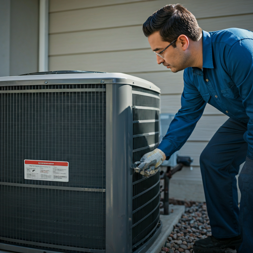 HVAC technician inspecting an outdoor residential condenser unit. The lighting is bright and clear, highlighting the metallic components of the unit and the technician's clean, professional uniform. The aesthetic is modern, technical, and reliable, utilizing a crisp color palette with deep blacks, stark whites, and subtle blue safety accents. The image conveys precision and technical expertise.