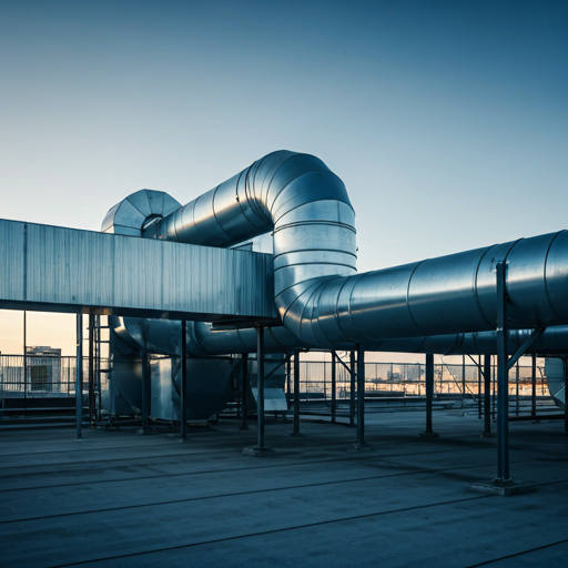 Large scale commercial HVAC ductwork system on the roof of a corporate building. The scene is illuminated by crisp, natural daylight, emphasizing the geometric lines and reflective metallic surfaces of the engineering infrastructure. The mood is industrial yet organized, aligning with a corporate technical aesthetic. The color palette is dominated by cool grays, deep shadows, and clean architectural lines.