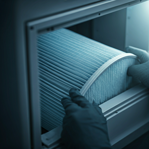 Close-up macro shot of a pristine, high-efficiency HEPA air filter being installed into a modern HVAC unit. The lighting is soft and directional, highlighting the intricate folds of the filter media and the clean, white aesthetic of the system. The image evokes a sense of purity, cleanliness, and technological advancement, perfectly aligned with the brand's 'clean air' visual motif.